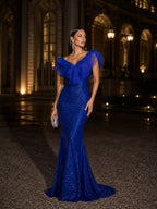 Women’s Royal Blue Luxe Sequin Ruffle V Neck Mermaid Maxi Dress