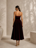 Women’s Burgundy Elegant Velvet Strapless A-Line Midi Dress