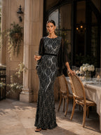 Women’s Black Art Deco Sequin Mesh Round Neck Cape Sleeve Slim Maxi Dress