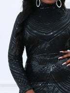 Women’s Black Glamorous Geometric Sequin High Neck Long Sleeve Mermaid Maxi Dress, Plus‑Size Friendly