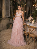 Women’s Beige Romantic Tulle Sweetheart Neck Sleeveless A-Line Maxi Dress Set