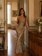 Women’s Taupe Luxe Embroidered Mesh Spaghetti Strap Mermaid Maxi Dress