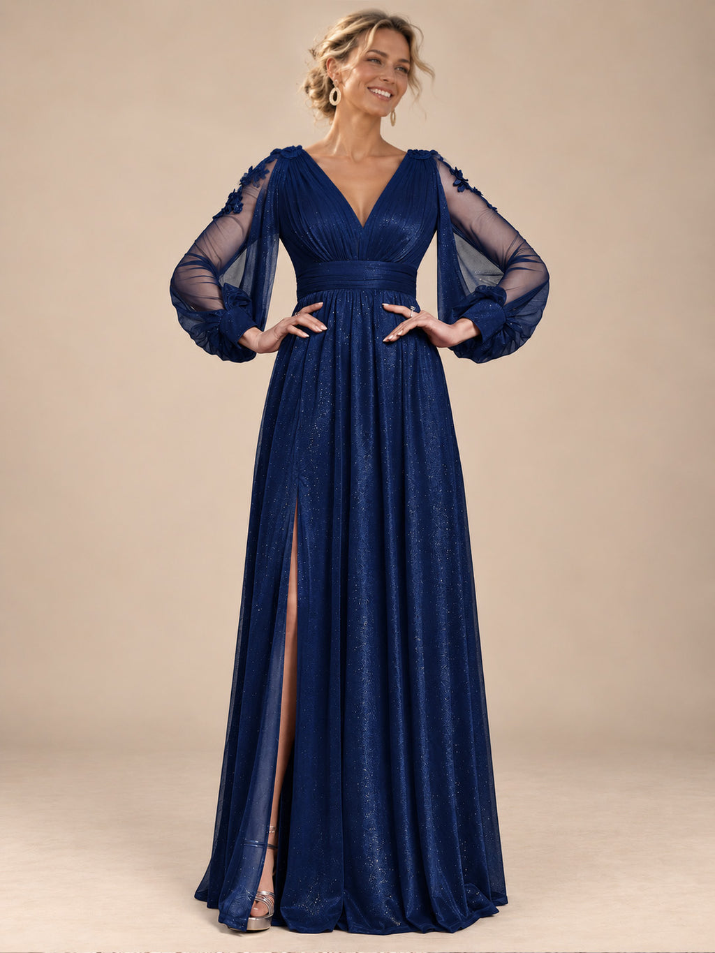 Women’s Red Elegant Glitter V-Neck Sheer Long Sleeve A-Line Maxi Dress with Floral Appliqué and High Slit