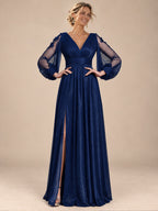 Women’s Red Elegant Glitter V-Neck Sheer Long Sleeve A-Line Maxi Dress with Floral Appliqué and High Slit