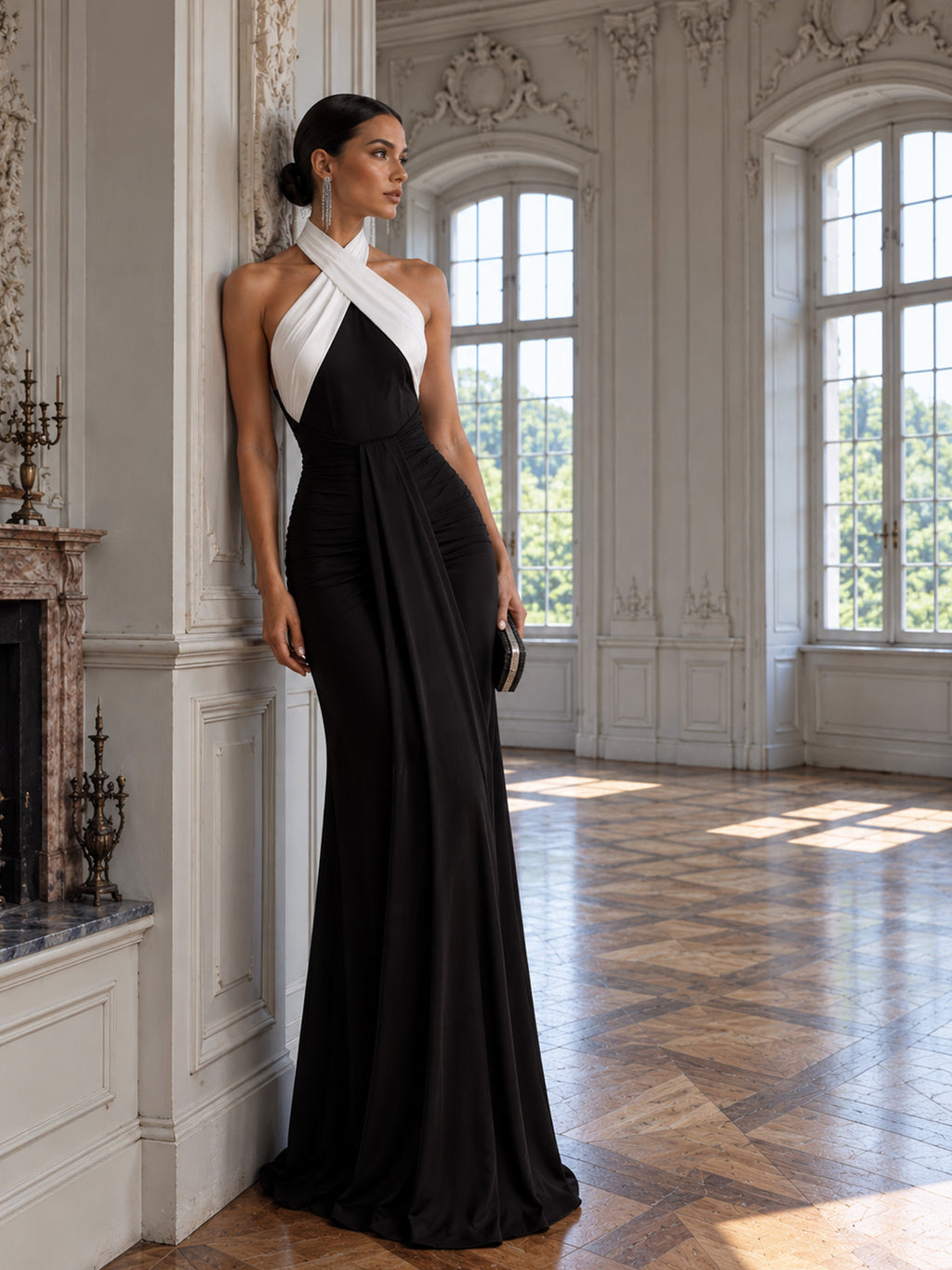 Women’s Black Elegant Strapless Sleeveless Sheath Maxi Dress with Detachable White Halter Scarf and Convertible Bow Detail