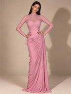 Women’s Elegant Mesh High Neck Long Sleeve Sheath Maxi Dress with Rhinestone Embellishment and Asymmetric Ruched Detail