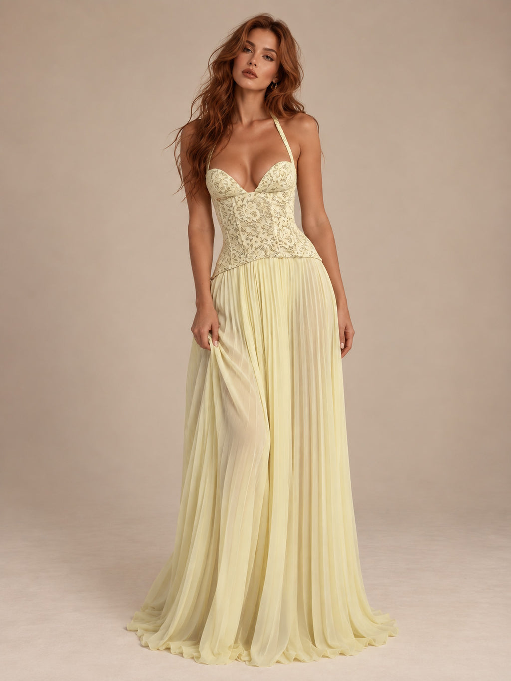 Women’s Olive Green Elegant Chiffon Halter V-Neck Sleeveless A-Line Maxi Dress with Lace Corset Detail