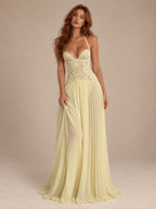 Women’s Olive Green Elegant Chiffon Halter V-Neck Sleeveless A-Line Maxi Dress with Lace Corset Detail