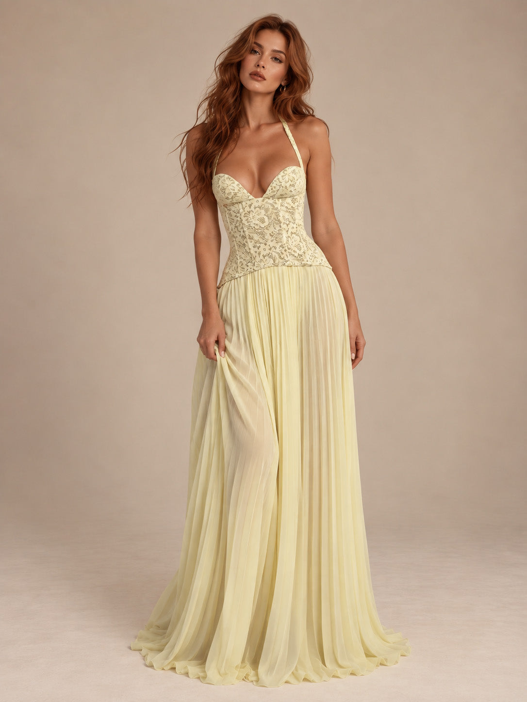 Women’s Olive Green Elegant Chiffon Halter V-Neck Sleeveless A-Line Maxi Dress with Lace Corset Detail