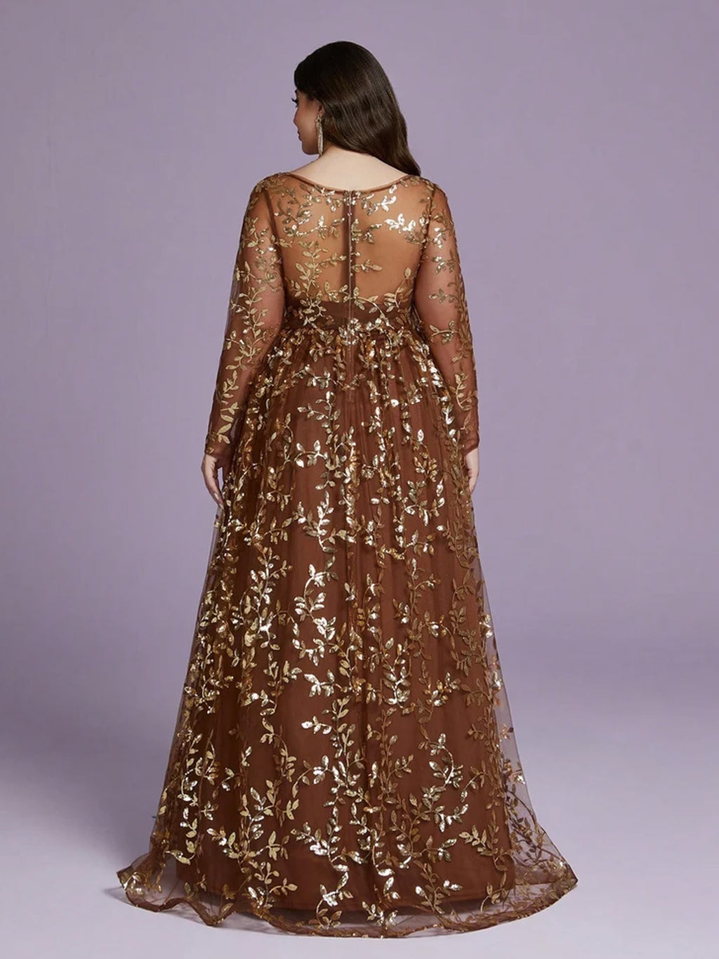 Women’s Brown Elegant Sequin Mesh Round Neck Long Sleeve A-Line Maxi Dress