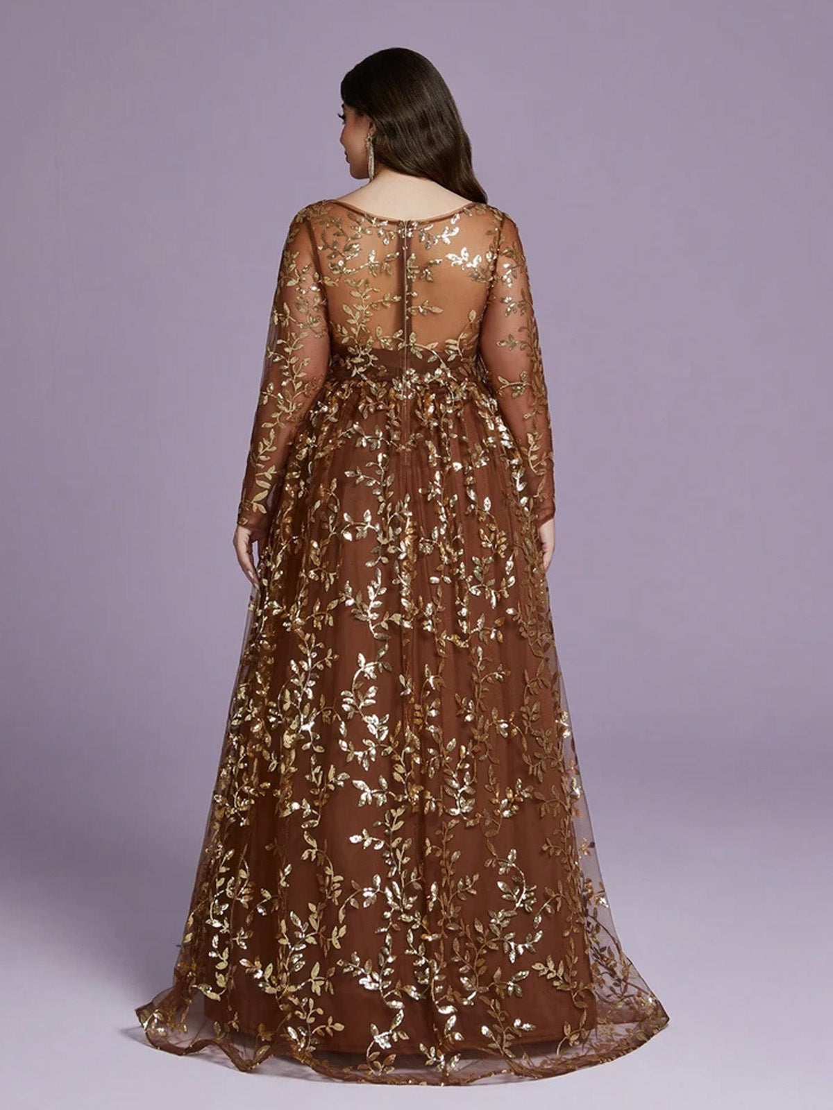 Women’s Brown Elegant Sequin Mesh Round Neck Long Sleeve A-Line Maxi Dress