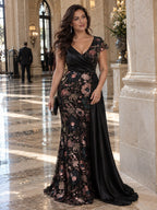 Women’s Black Elegant Floral Sequin Asymmetric Neck Short Sleeve Mermaid Maxi Dress with Satin Draped Detail