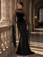 Women’s Black Elegant Strapless Velvet Mermaid Maxi Dress with Sheer Floral Lace Cape and Corset Detail