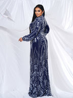 Women’s Navy Blue Elegant Sequin Mesh High Neck Long Sleeve Mermaid Maxi Dress with Puff Shoulders