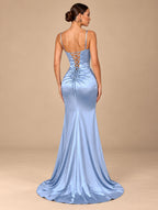 Women's Light Blue Satin Corset Evening Dress with Beaded Sweetheart Neckline and Thigh-High Slit