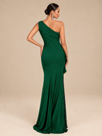 Women’s Emerald Green Elegant Sequin One Shoulder Sleeveless Mermaid Maxi Dress with Asymmetric Ruffle and Colorblock Detail