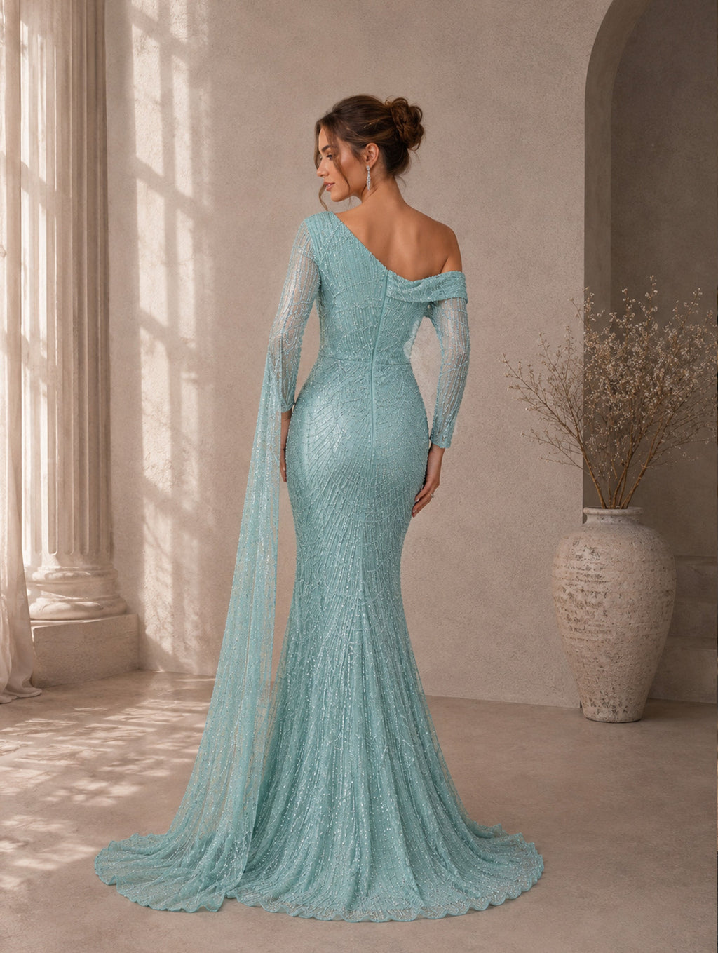 Women’s Elegant Sequin Asymmetrical Neck One Long Sleeve Regular Mermaid Maxi Dress with Beaded Detail