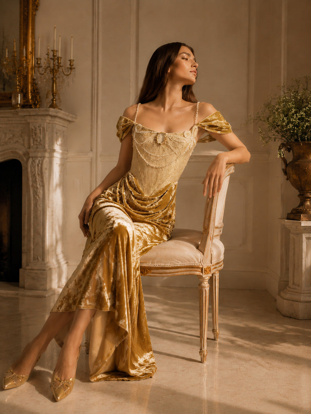 Women’s Gold Velvet Off Shoulder Ruched Draped Maxi Dress