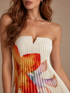 Women’s Ivory Elegant Pleated Strapless Floral Print A-Line Maxi Dress with Notched Neckline