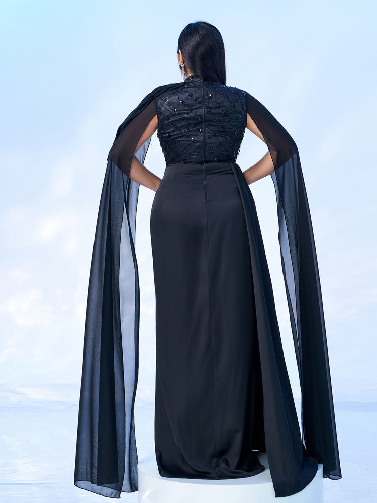 Women’s Black Elegant Satin High Neck Sleeveless High Slit Maxi Dress with Sheer Chiffon Cape