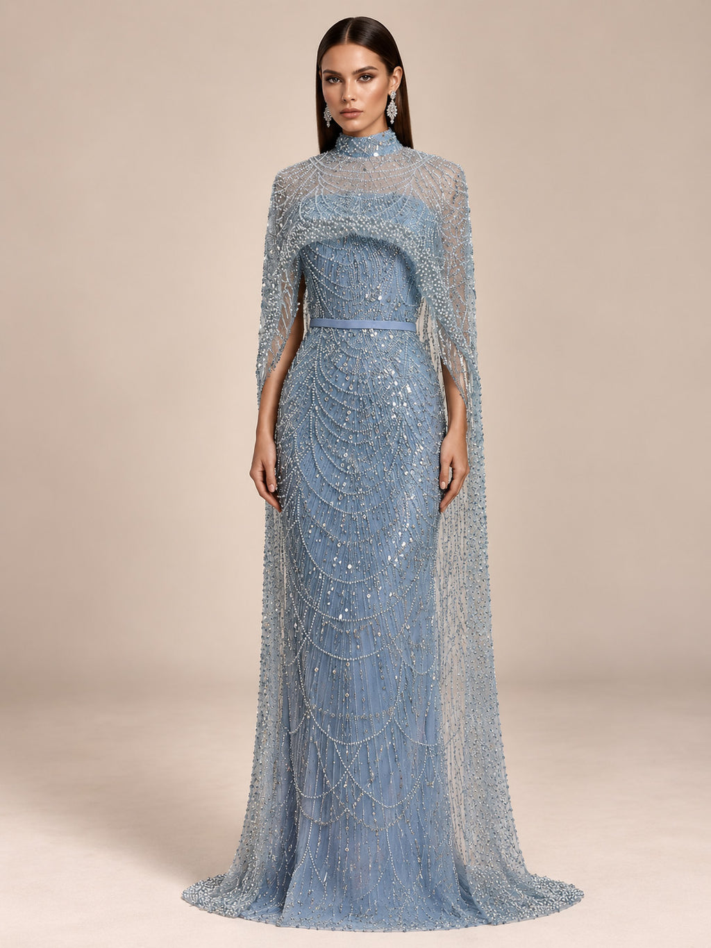 Women’s Champagne Beaded Mermaid Wedding Dress High Neck Long Sleeve Bridal Gown with Crystal Embellished Cape Detail