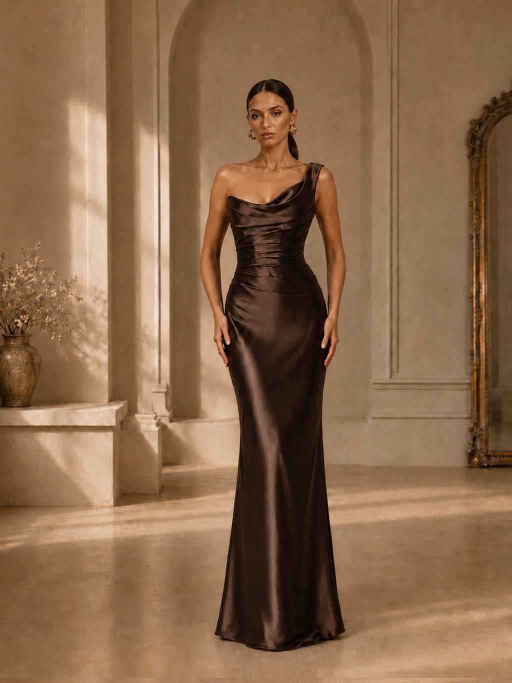 Women’s Burgundy Ruched Satin One-Shoulder Sleeveless Slim Maxi Cocktail Dress