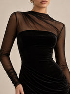 Women’s Black Elegant Mesh Asymmetric Neck Long Sleeve Mermaid Maxi Dress with Draped Waist