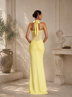 Women’s Burgundy Elegant Ruched Halter Neck Backless Maxi Dress