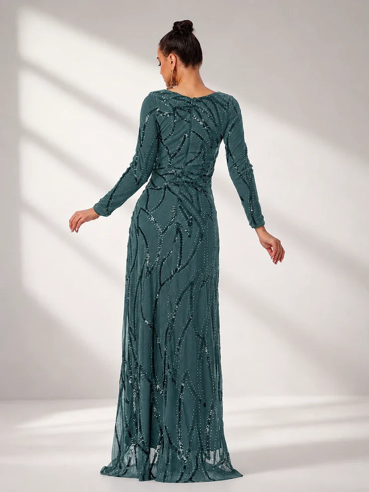 Women’s Black and Bronze Elegant Sequin Mesh Round Neck Long Sleeve Column Maxi Dress with Geometric Pattern