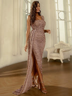 Women’s Wine Glamorous Sequin One-Shoulder Sleeveless Regular Maxi Dress with Draped Detail and Side Slit