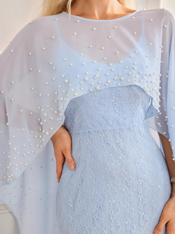 Women’s Light Blue Elegant Lace Round Neck 3/4 Sleeve Mermaid Maxi Dress with Pearl Mesh Overlay