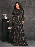 Women’s Black and Bronze Elegant Sequin Mesh Round Neck Long Sleeve Column Maxi Dress with Geometric Pattern