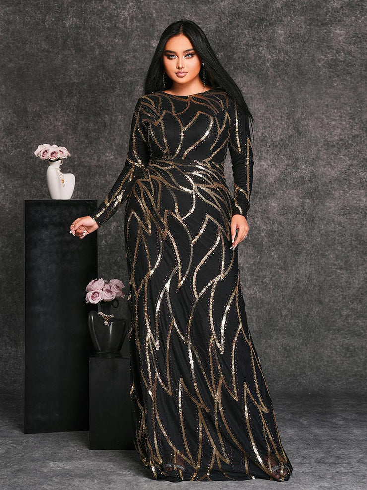 Women’s Black and Bronze Elegant Sequin Mesh Round Neck Long Sleeve Column Maxi Dress with Geometric Pattern