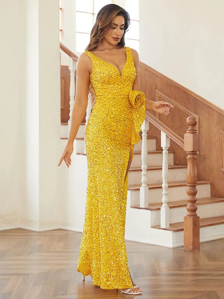 Women’s Black Elegant Sequin V-Neck Sleeveless High Slit Maxi Dress with Waist Bow Detail
