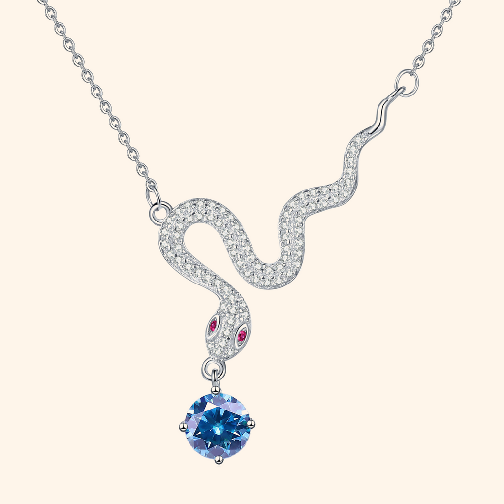 S925 Sterling Silver Plated Snake Pendant Necklace with 1ct Black Moissanite