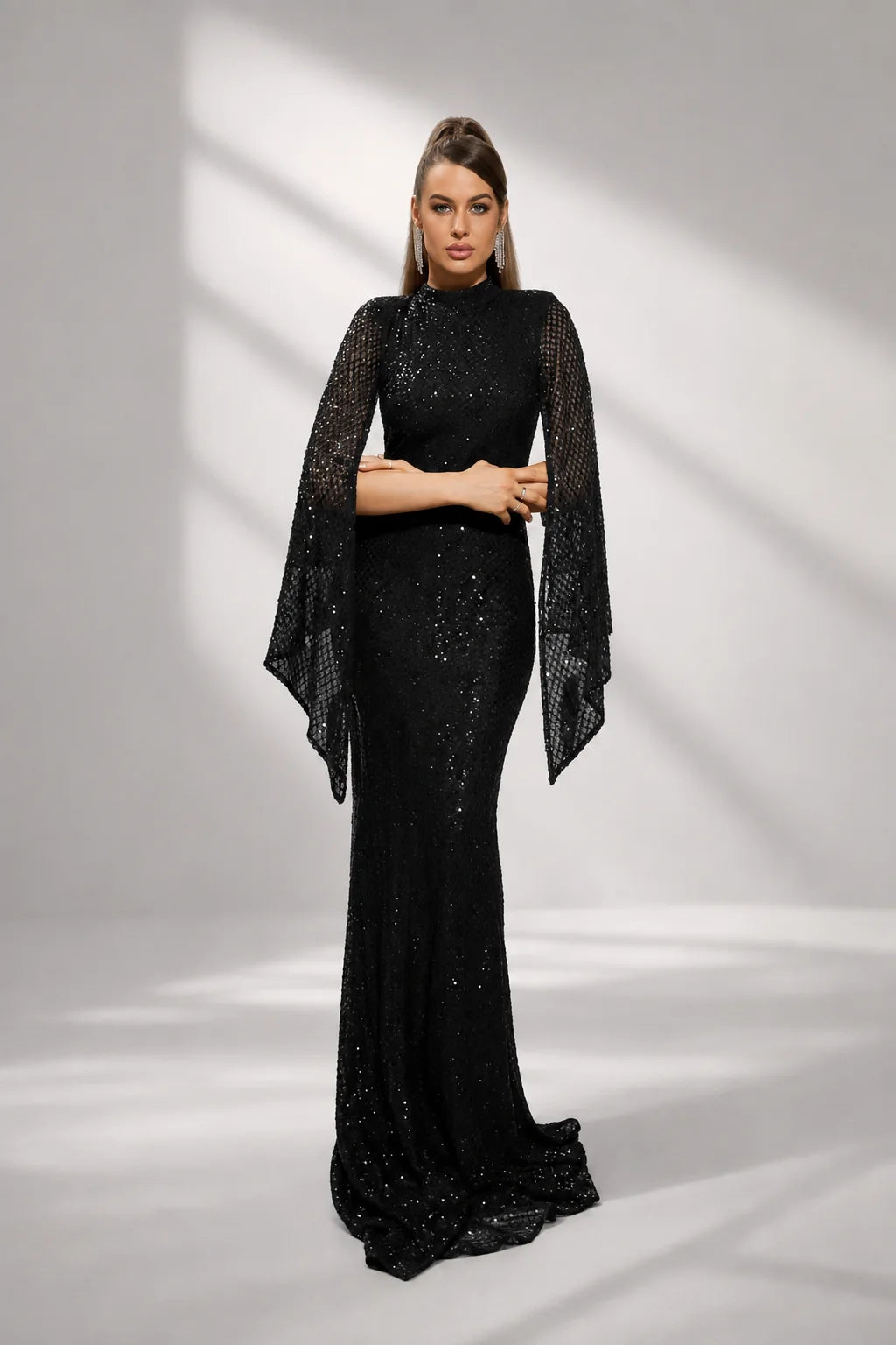 Women’s Apricot Glamorous Sequin Polyester Blend High Neck Bell Sleeve Regular Mermaid Maxi Prom Dress