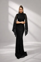 Women’s Apricot Glamorous Sequin Polyester Blend High Neck Bell Sleeve Regular Mermaid Maxi Prom Dress