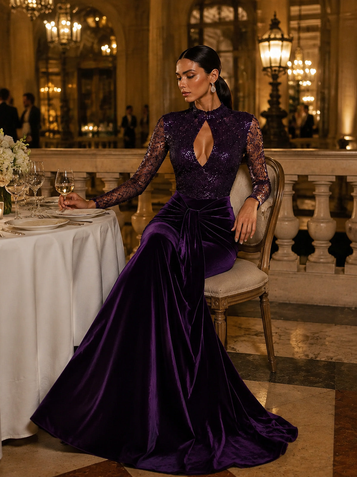 Women’s Purple Glamorous Velvet Mesh Mock Neck Long Sleeve Slim Mermaid Maxi Dress