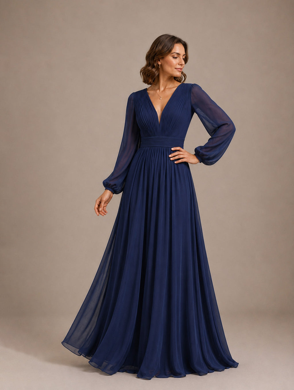 Women’s Navy Blue Elegant Chiffon V-Neck Long Sleeve Regular Floor-Length Wedding Guest Dress with Pleated Detail