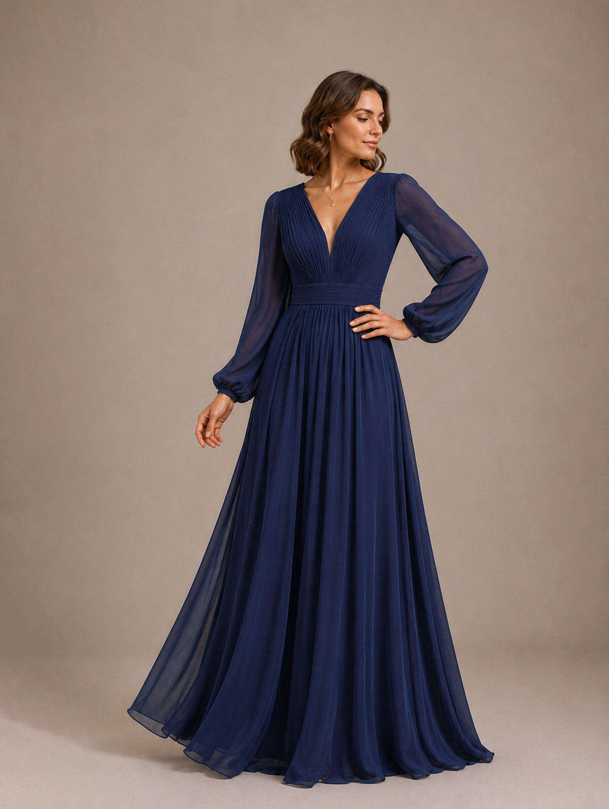 Women’s Navy Blue Elegant Chiffon V-Neck Long Sleeve Regular Floor-Length Wedding Guest Dress with Pleated Detail