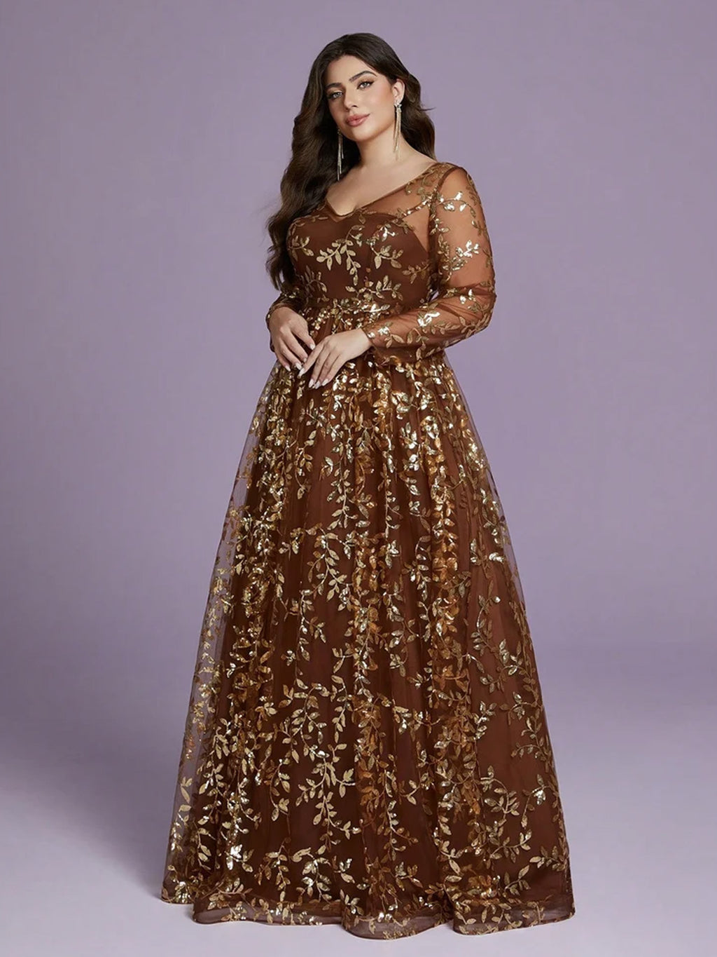 Women’s Brown Elegant Sequin Mesh Round Neck Long Sleeve A-Line Maxi Dress