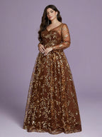 Women’s Brown Elegant Sequin Mesh Round Neck Long Sleeve A-Line Maxi Dress