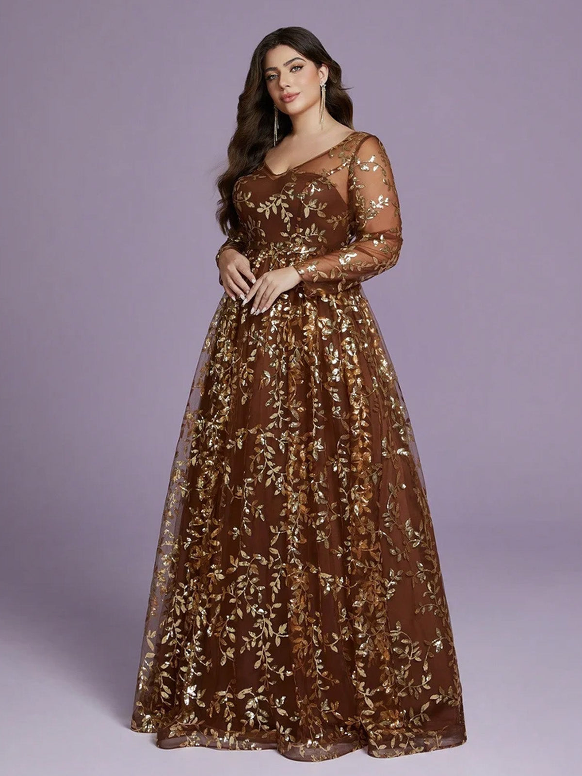 Women’s Brown Elegant Sequin Mesh Round Neck Long Sleeve A-Line Maxi Dress