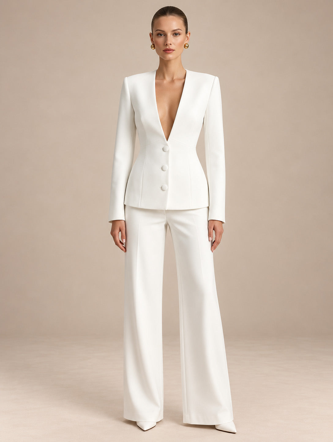 Women's Tailored Deep V-Neck Long Sleeve Blazer and Wide-Leg Pants Set with Three-Button Detail
