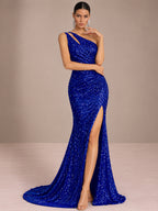 Women’s Champagne Gold Glamorous Sequin One Shoulder Sleeveless Mermaid Maxi Dress with Ruched Detail, High Slit and Lace-Up Back