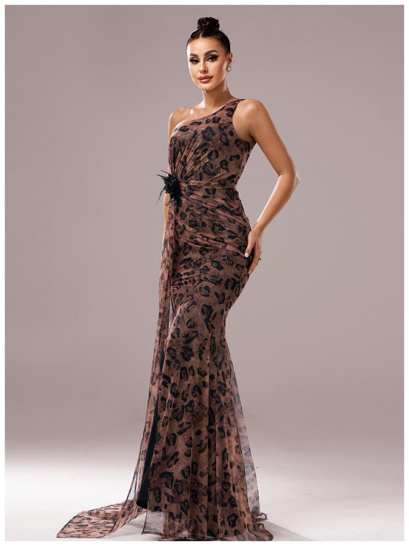Women’s Brown Elegant Leopard Print One Shoulder Sleeveless High Slit Maxi Dress with Floral Detail