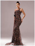 Women’s Brown Elegant Leopard Print One Shoulder Sleeveless High Slit Maxi Dress with Floral Detail