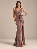 Women’s Black Elegant Sequin V-Neck Sleeveless High Slit Maxi Dress with Waist Bow Detail