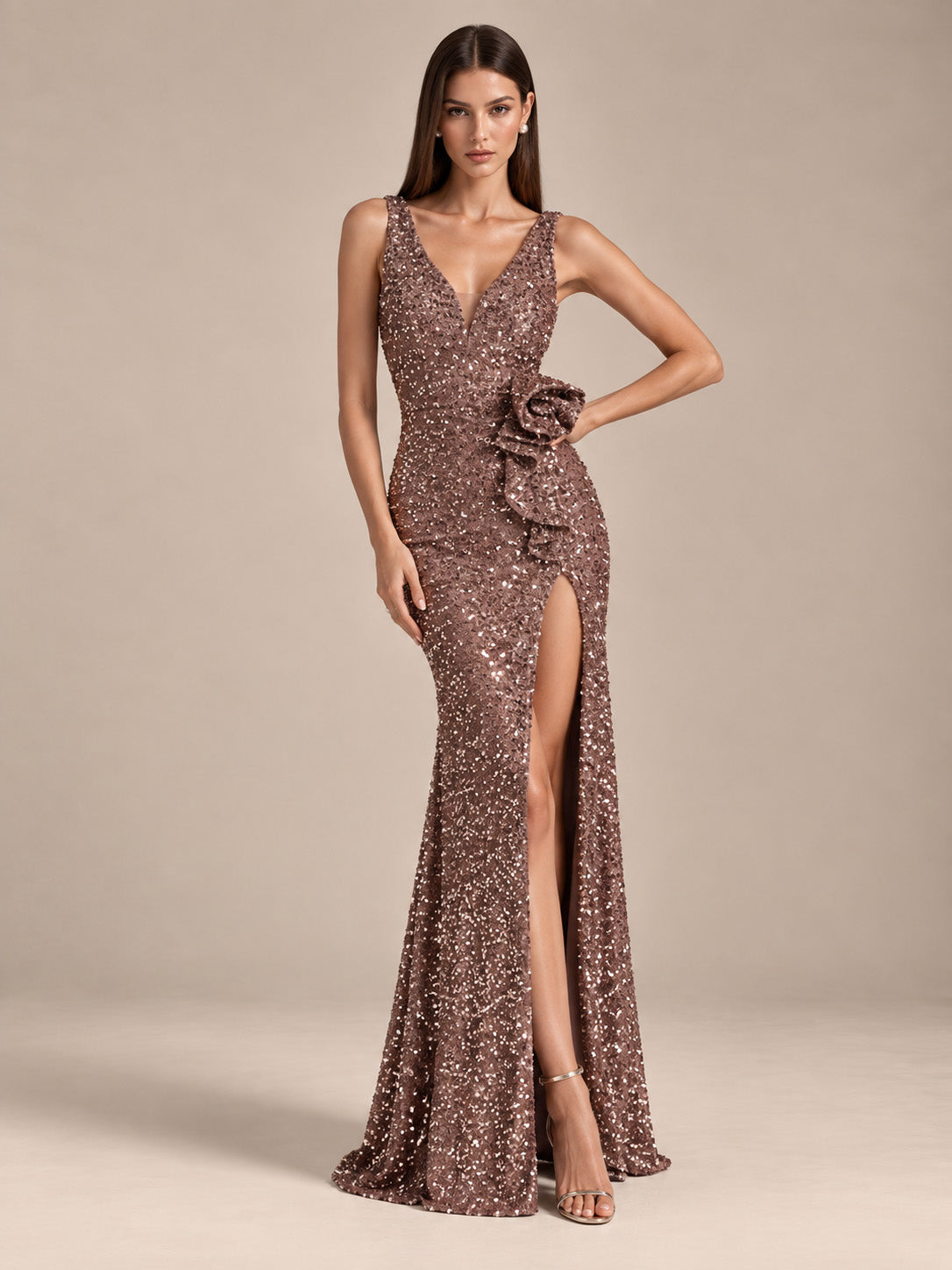 Women’s Black Elegant Sequin V-Neck Sleeveless High Slit Maxi Dress with Waist Bow Detail