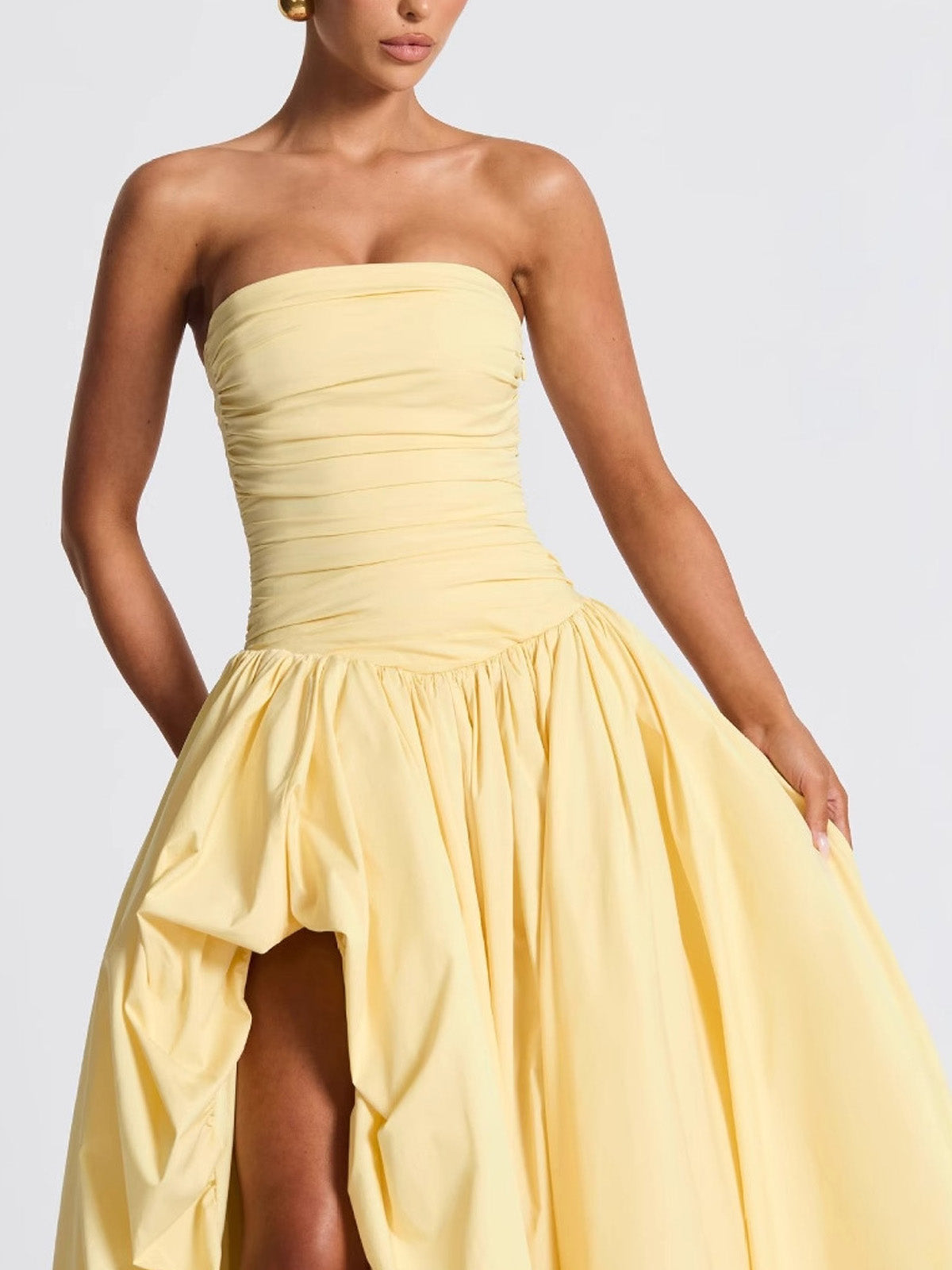 Women’s Butter Yellow Elegant Strapless Sleeveless A-Line Maxi Dress with Ruched Bodice, High-Low Hem and Lace-Up Back